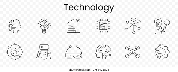 Technology set icon. Ai, brain, analytics, chip, network, robot, vr, automation, drone, innovation, machinelearning, digital, future, science, system, data