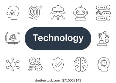 Icono de conjunto de Tecnologías. AI, huella digital, nube, robot, chat, automatización, cerebro, chip, código, equipo, red, datos, seguridad, innovación, inteligencia, digital, ciencia, conexión, análisis, cibernético