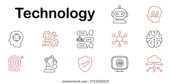 Icono de conjunto de Tecnologías. AI, red neuronal, chatbot, huella digital, robot, automatización, seguridad, cerebro, conexión, reconocimiento facial, aprendizaje automático, código binario, circuito, procesador.
