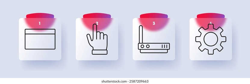 Technology set icon. Browser window, hand click, router, gear, internet, networking, web, digital, connection, interface, control, automation, online, development, system, access.