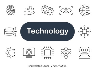 Icono de conjunto de Tecnologías. Chip, robot, huella digital, equipo, base de datos, monitor, circuito, globo, código, innovación, conexión, IA, ciencia, datos, automatización, cibernético, virtual, futuro, desarrollo, inteligencia