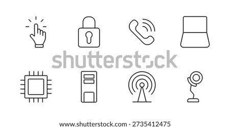 Technology set icon. Click gesture, padlock, phone call, laptop, processor, tower, antenna signal, mounted webcam drawn in minimal linear outline for digital hardware concept.