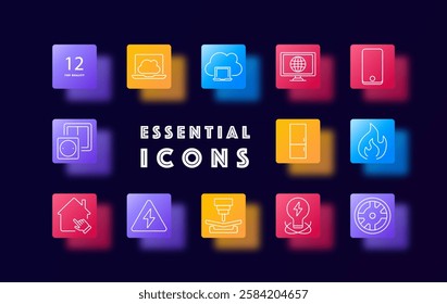 Technology set icon. Cloud computing, laptop, online storage, global network, smartphone, image gallery, smart home, electricity, CNC machine, energy, gear, security, automation, fire safety