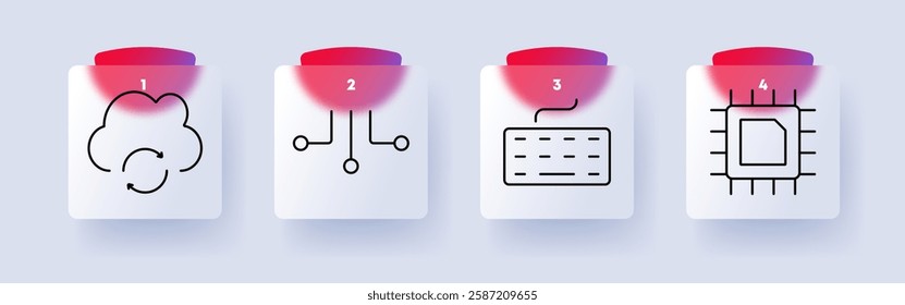 Technology set icon. Cloud computing, circuit, keyboard, microchip, connectivity, processing, digital system, innovation, hardware, IT, software, communication, infrastructure, modern tech