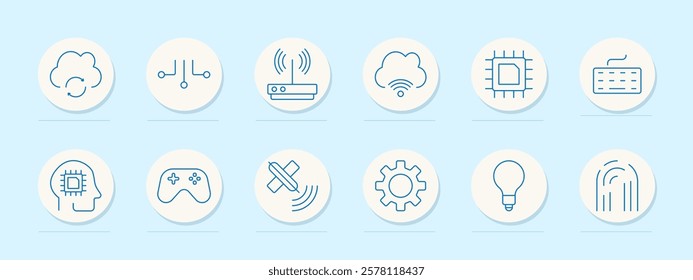 Technology set icon. Cloud storage, circuit, router, wireless connection, microchip, keyboard, AI, gaming, satellite, settings, idea, fingerprint recognition