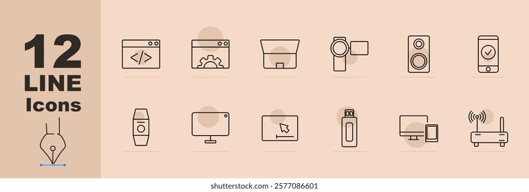 Technology set icon Code, settings, shopping cart, smartwatch, speakers, smartphone, monitor, USB drive, router. Digital tools, gadgets, connectivity
