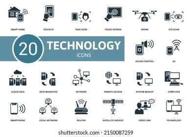 Icono de conjunto de tecnología. Contiene ilustraciones tecnológicas como id táctil, pantalla táctil, exploración visual y mucho más.