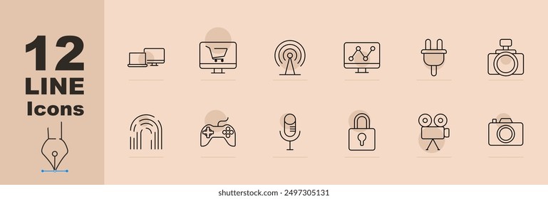 Technology set icon. Desktop monitor, shopping cart, signal tower, data analytics, power plug, fingerprint, game controller, microphone, padlock, video camera, camera