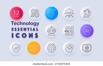 Icono de conjunto de Tecnologías. Huella digital, estructura de la nube, brazo robótico, chatbot, red neuronal, cara de IA, burbujas de discurso, cerebro, procesador, código binario, escudo, nodos de circuito
