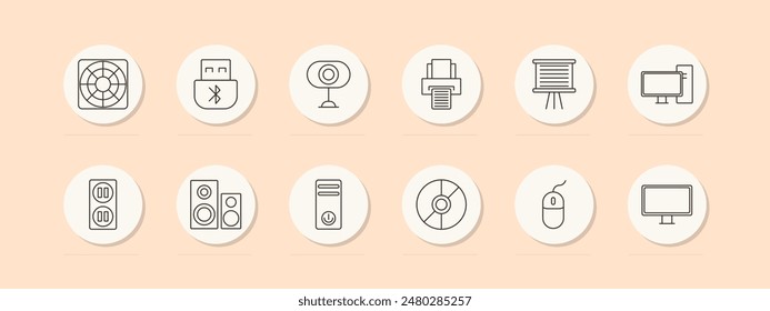 Technology set icon. Fan, USB, webcam, printer, presentation board, monitor, outlet, speakers, PC, CD, mouse. Technology, electronics concept. Vector line icon on peach background.
