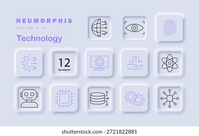 Icono de conjunto de Tecnologías. Incluye huella digital, robot, microchip, satélite, engranajes, binario, globo, servidor, átomo, escaneo ocular, Configuraciones, imágenes de inteligencia artificial