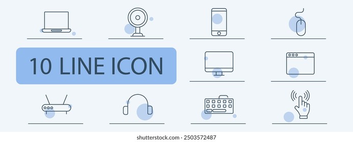 Technology set icon. Laptop, webcam, smartphone, mouse, monitor, browser, router, headset, keyboard, touchscreen, electronics, communication, hardware, connection, digital, device.