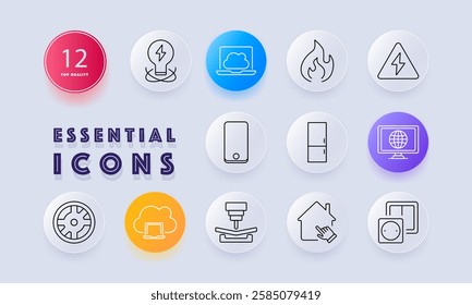 Technology set icon. Light bulb, cloud computing, fire, electrical hazard, smartphone, fridge, internet, steering wheel, CNC machine, smart home, power socket, laptop