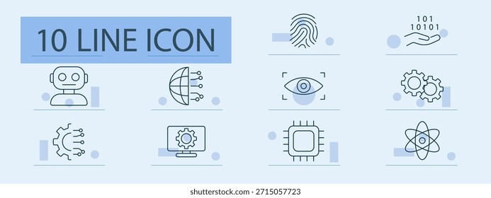 Icono de conjunto de Tecnologías. Iconos de línea con robot, huella digital, binario, IA, globo, engranajes, chip, escaneo ocular, átomo, procesador, automatización