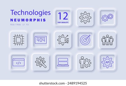 Technology set icon. Microchip, error 404, coding, target, user group, settings, API, laptop, gear, web design, development, cybersecurity, digital, innovation, programming, software.