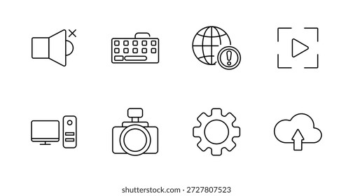 Icono de conjunto de Tecnologías. Silenciar altavoz, teclado, globo con la alerta, jugar Botón, escritorio, cámara, equipo, Cargar de la nube que muestra el acceso digital, multimedia, hardware, Actualizar.