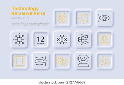 Technology set icon. Network, fingerprint, chip, robot, AI, data, code, server, automation, visual scan, binary modern digital and computing systems