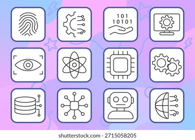 Icono de conjunto de Tecnologías. Robot, huella digital, microchip, IA, engranajes, base de datos, procesador, código, visión, átomo, circuito, innovación, red, datos, ciencia, inteligencia, computación, automatización.