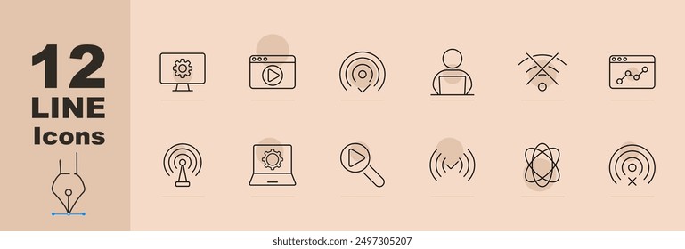 Technology set icon. Screen with gear, browser with play button, radio waves, user, no signal, analytics, broadcast tower, laptop with gear, play button in magnifying glass, wireless signal, atom
