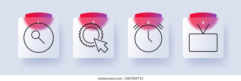 Technology set icon. Search clock, settings cursor, ringing clock, television, interface, digital tools, automation, time management, broadcast, programming.