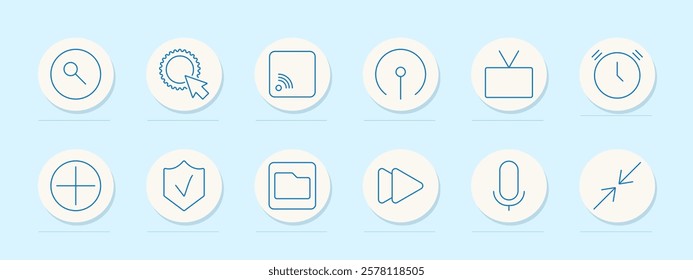 Technology set icon. Search, cursor on badge, wireless signal, radar, television, clock, add button, shield, folder, play button, microphone, minimize sign