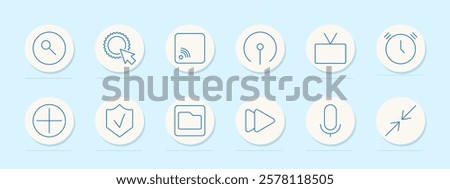 Technology set icon. Search, cursor on badge, wireless signal, radar, television, clock, add button, shield, folder, play button, microphone, minimize sign