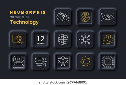 Icono de conjunto de Tecnologías. Muestra huella digital, cabeza de robot, nube de datos, binario, escaneo ocular, engranaje, microchip, base de datos, átomo, nodos de red, circuito de globo, equipo de circuito, pantalla