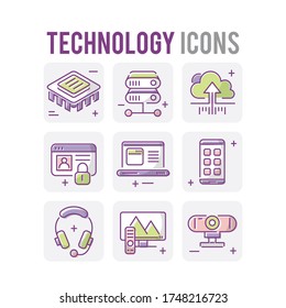 Technology Set Icons Thin Style Pictogram Minimalist Outline Colored