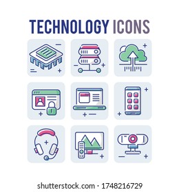 Technology Set Icons Thin Style Pictogram Minimalist Outline Colored