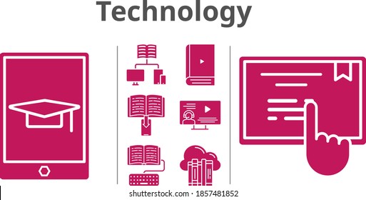 technology set. included cloud, ebook, instructor, school, homework, student-tablet, touchscreen icons. filled styles.