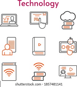 technology set. included cloud library, professor, study, audiobook, ebook, test, instructor, book, touchscreen icons. bicolor styles.