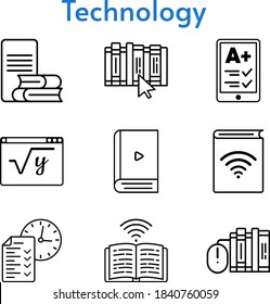 technology set. included ereader, audiobook, ebook, books, test, online-learning, maths, book icons. linear styles.
