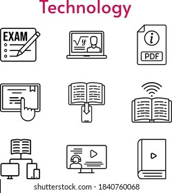 technology set. included exam, professor, pdf, ebook, instructor, touchscreen icons. linear styles.