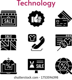 technology set. included online shop, shop, like, phone call, credit card, internet icons. filled styles.