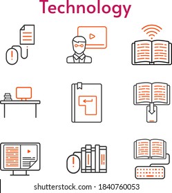 technology set. included teacher, desktop, ebook, books, homework, book, enter, click icons. bicolor styles.