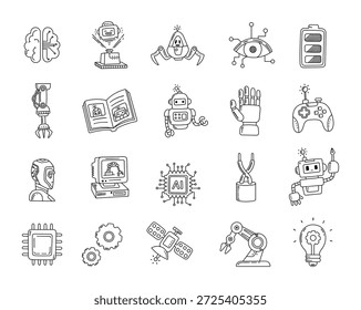 Conjunto de Tecnologías en el arte de líneas de contorno para mecanismos avanzados de IA con herramientas de automatización de procesadores de circuitos y conceptos de ingeniería innovadores. Dispositivos de comunicación robótica temática para sus proyectos