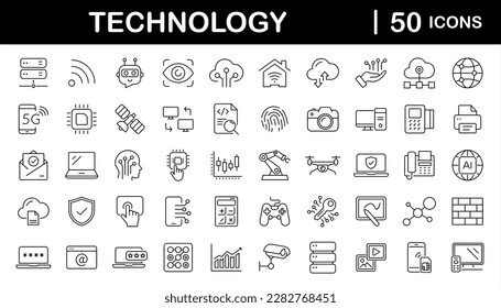 Technology set of web icons in line style. Information technology signs for web and mobile app. IT network system, 5g, communication, computer, chip, web design, software, data center, device, ai.