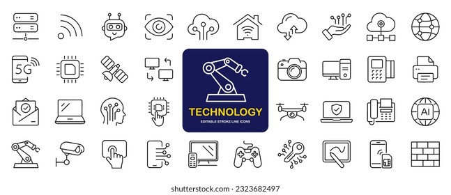 Technology set of web icons in line style. Information technology signs for web and mobile app. IT network system, 5g, communication, computer, chip, web design, software, data center, device, ai.