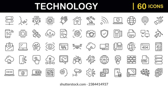 Technology set of web icons in line style. Information technology signs for web and mobile app. IT network system, 5g, communication, computer, chip, web design, software, data center, device, ai.