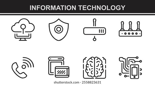 Technology set of web icons in line style. Information technology signs for web and mobile app. IT network system, 5g, communication, computer, chip, web design, software, data center, device.