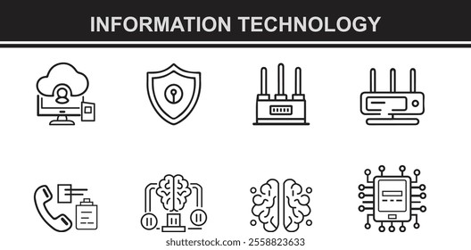 Technology set of web icons in line style. Information technology signs for web and mobile app. IT network system, 5g, communication, computer, chip, web design, software, data center, device.