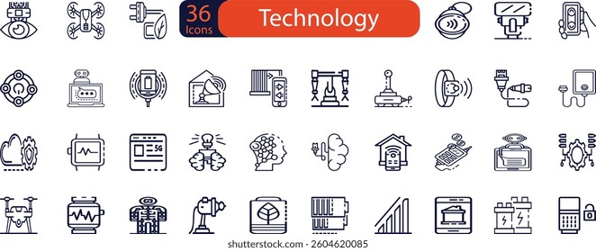 Technology set of web icons in line style. Information technology signs for web and mobile app. IT network system, 5g, communication, computer, chip, web design, software, data center