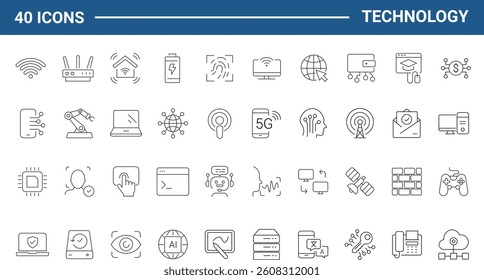 Technology set of web icons in line style. Information technology signs for web and mobile app. IT network system, 5g, communication, computer, chip, web design, software, data center, device, ai.