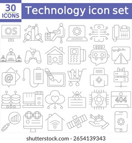 Conjunto de tecnologia de ícones da Web em estilo de linha. Sinais de tecnologia da informação para aplicativos móveis e da Web. sistema de rede TI,