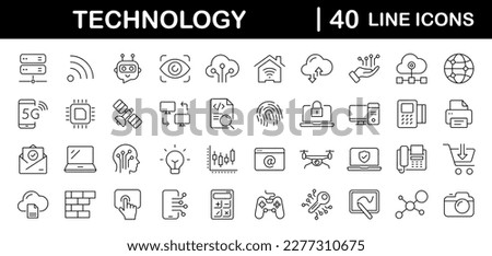 Technology set of web icons in line style. Information technology signs for web and mobile app. IT network system, 5g, communication, computer, chip, web design, software, data center, device, ai.