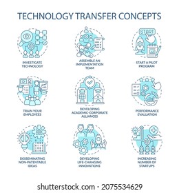 Technology sharing concept icons set. Implement innovative solutions. Corporate collaboration development. idea thin line color illustrations. Vector isolated outline drawings. Editable stroke