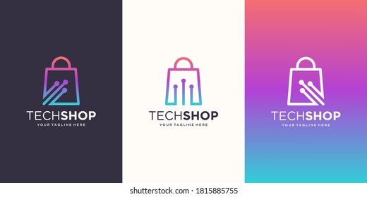 Plantilla de diseños de logotipos para tiendas de tecnología. bolsa combinada con tecnología de circuito.