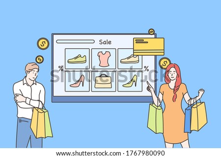 Technology, shopping, sale concept. Young man and woman customers cartoon characters buyers hold bags with clothes making payment online. Web catalogue and confirmation purchase remotely illustration.