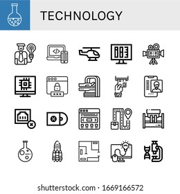 conjunto de iconos simples de la tecnología. Contiene iconos como Química, Idea, Código, Helicóptero, Nivel de tinta, Cámara de cine, Computadora, Contraseña, puede ser usado para web, móvil y logotipo