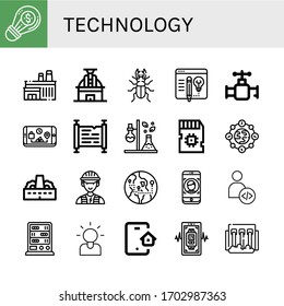 technology simple icons set. Contains such icons as Creative, Factory, Observatory, Beetle, Blog, Valve, Phone, Scroll, Test tube, Sd card, can be used for web, mobile and logo
